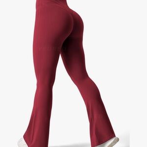 Burgundy Bell Bottom Yoga Pants High Waisted Tummy Control Workout Leggings L
